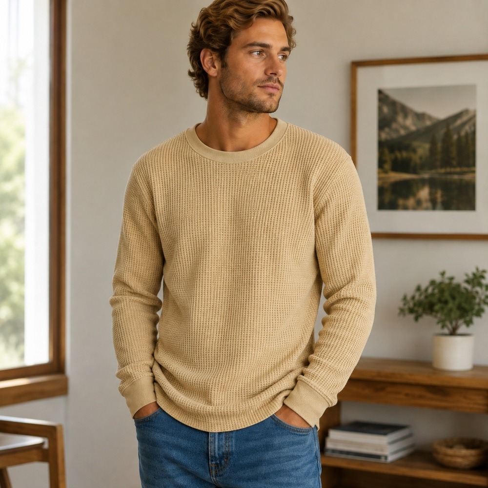 Uniqlo Mens Waffle Knit Crew Neck Long Sleeve Thermal Shirt Mustard Yellow L‎
